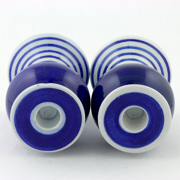 Lisa Larson (1997) Two Candleholders with Blue Decor 14 cm <Early Production>