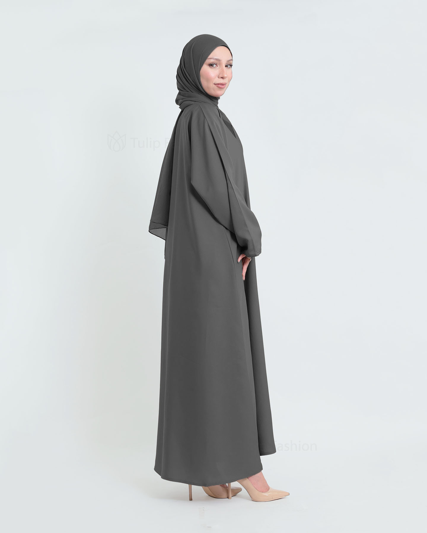 Abaya with matching Hijab - Gray - 3