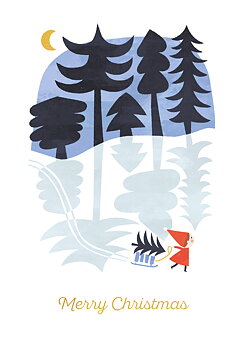Elf Pulling Sledge & Tree Xmas Card
