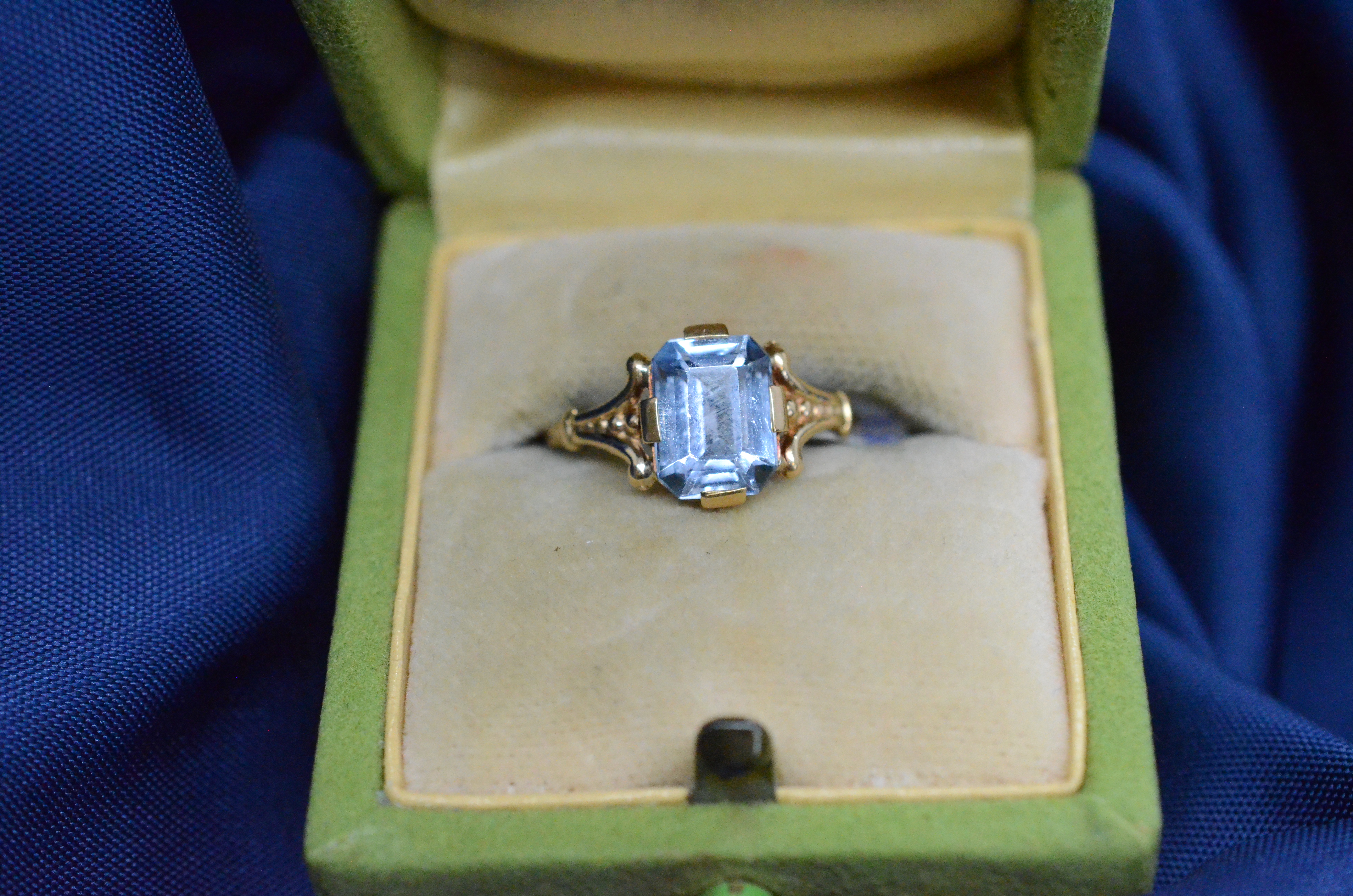 Vintage 18k ring with light blue stone, 1949