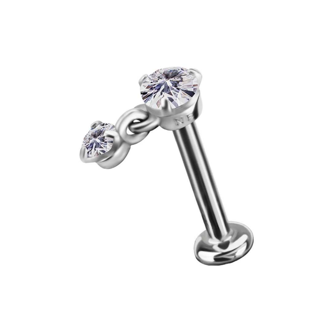 Top to internally threaded labret - double crystal - steel - 3