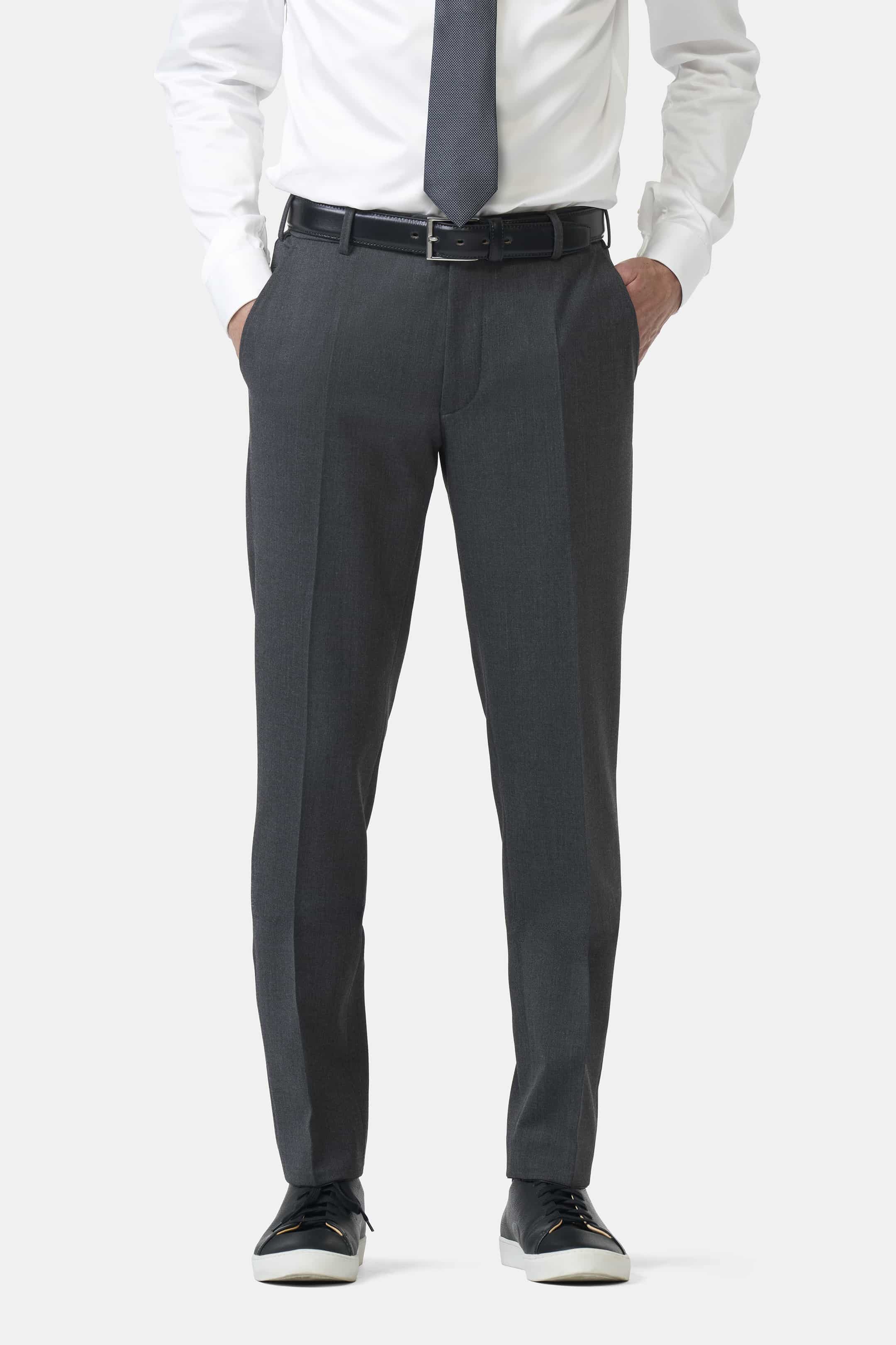 Grå (dark grey) maskintvättbara ullbyxor i Teflon Twill och modern passform (Meyer / Bonn)