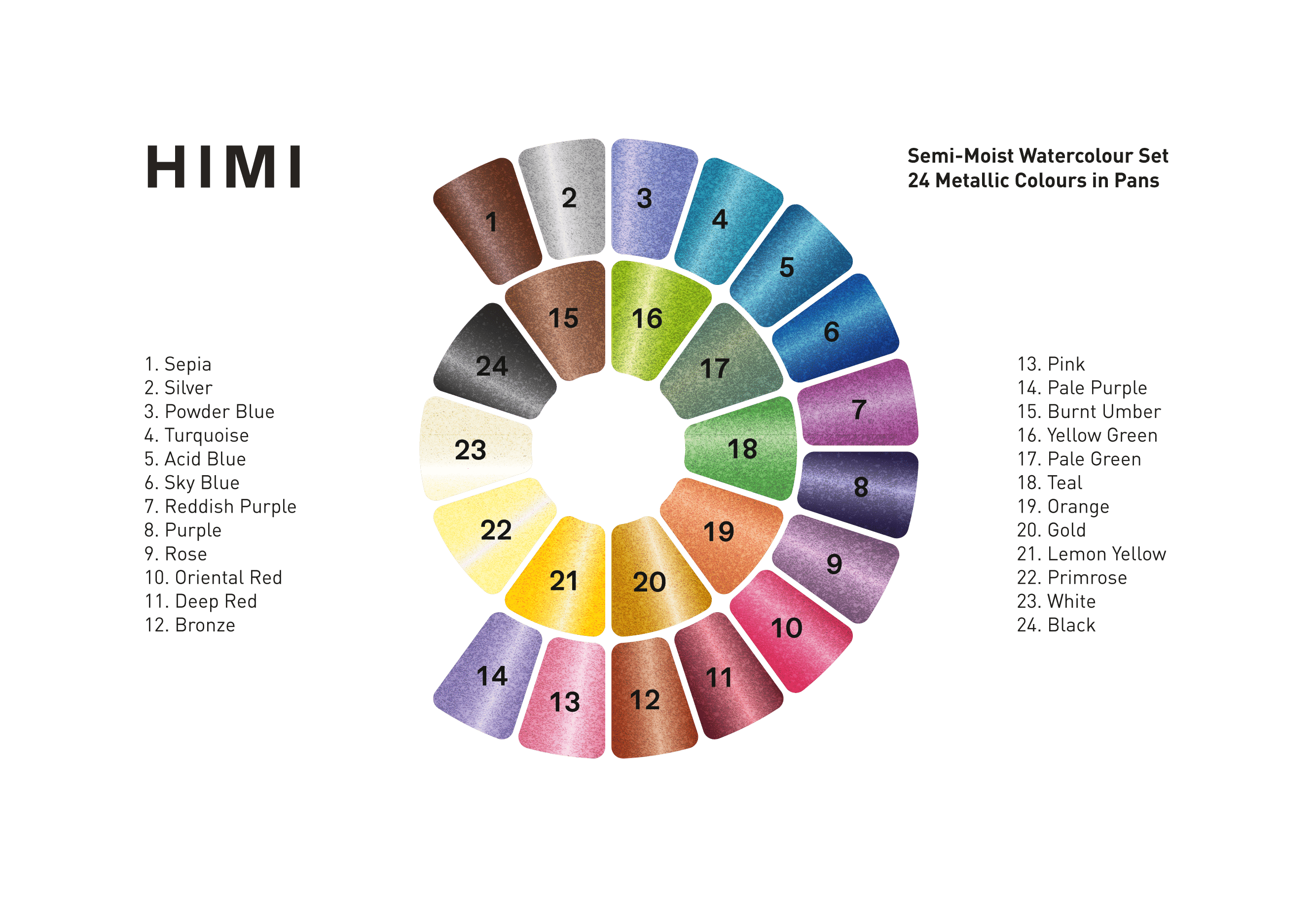HIMI Semi-Moist Watercolour Set - 24, Pans Yellow Case, Metallic Edition - 6