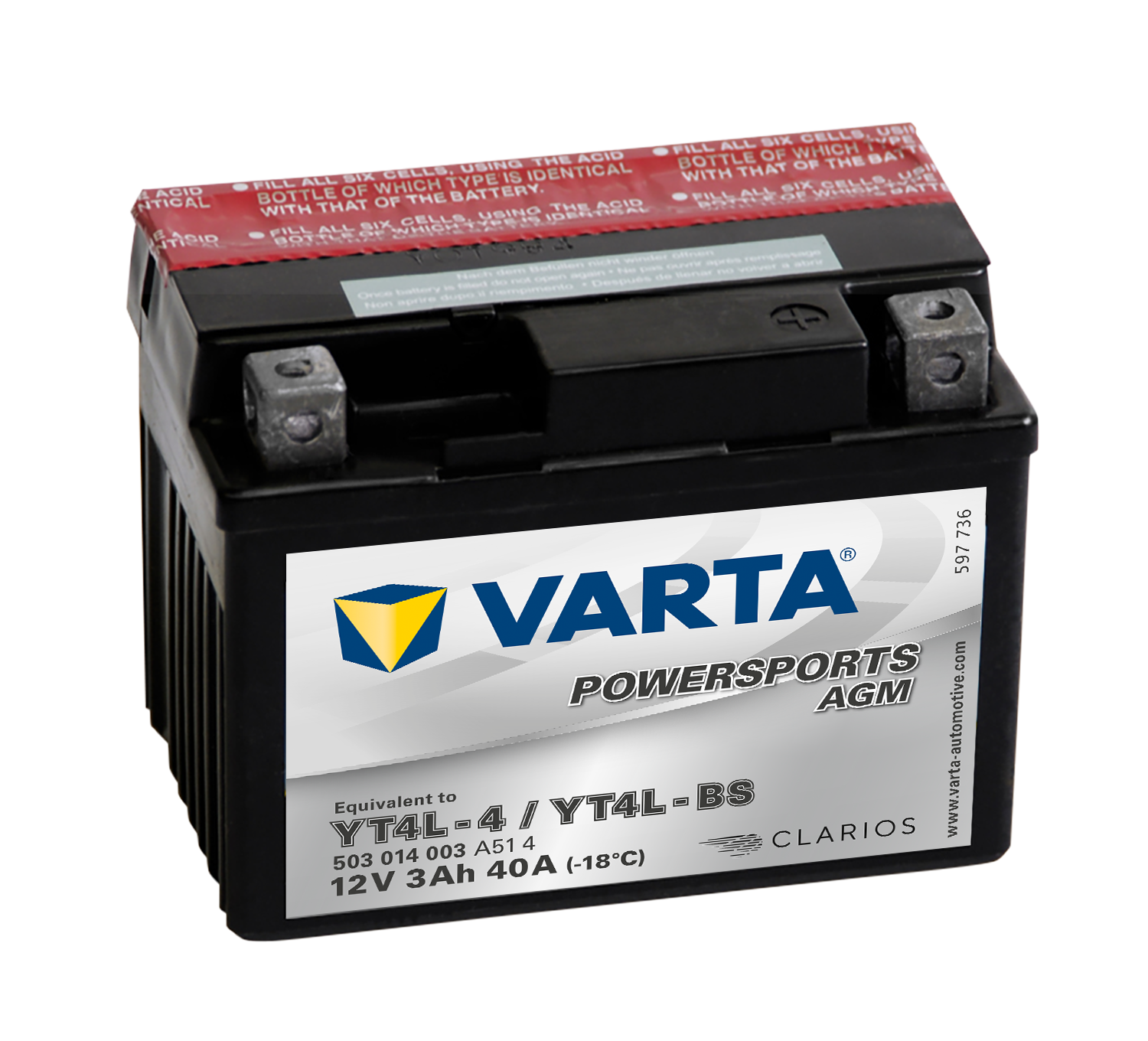 VARTA AGM MC Batteri 12V 3AH 40CCA (114x71x86mm) +höger YTX4L-BS