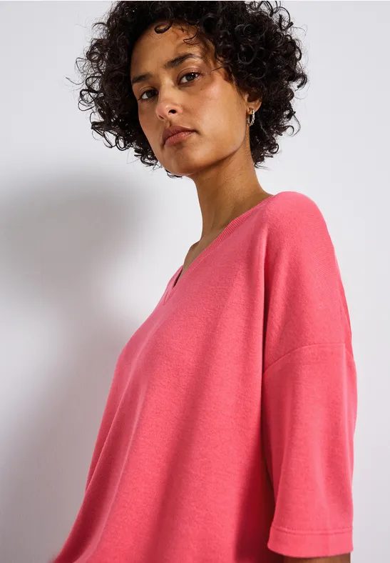 Stickad T-Shirt med V-ringning Almond Corall - 3