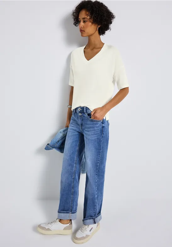 Stickad T-Shirt med V-ringning Off White - 4