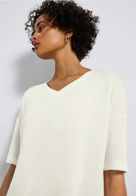 Stickad T-Shirt med V-ringning Off White - 5