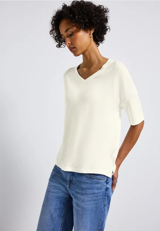 Stickad T-Shirt med V-ringning Off White