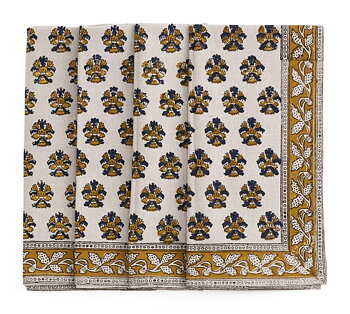 Chamois Napkins Samode Butti Ochre & Blue on natural base - 4p