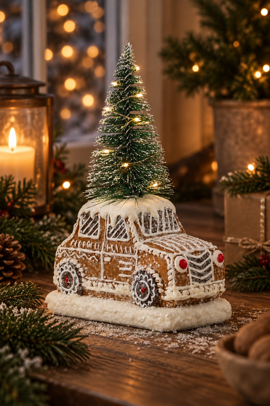 Gingerbread car with LED lighting - 11x5x16 cm - Battery operated