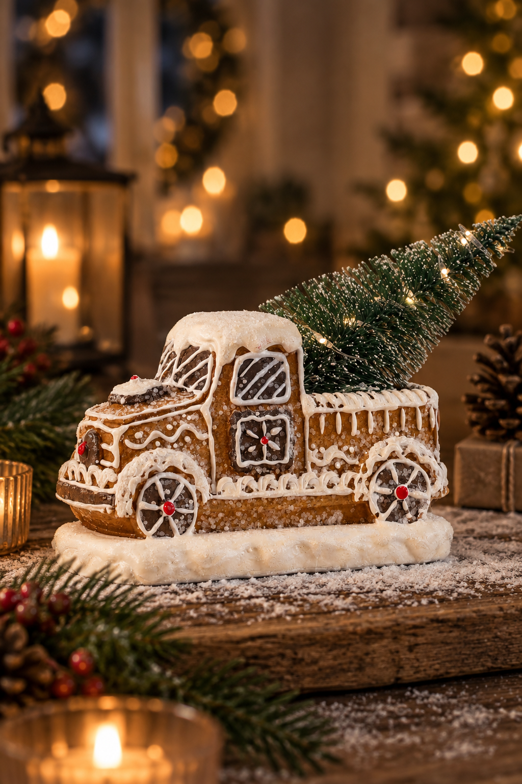 Gingerbread truck with LED lighting - 11x5x11 cm - Battery operated