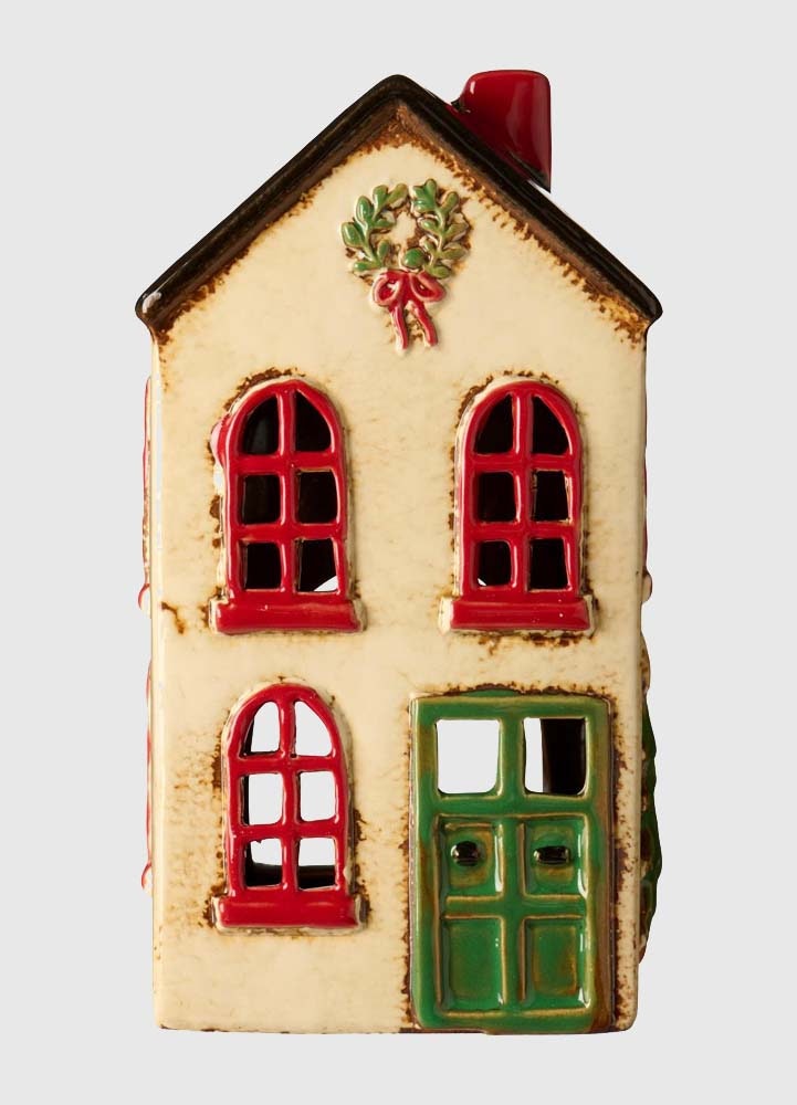 Stillenat - Christmas house - House lantern - Lantern - Beige house with green door - 19x10 cm - 4