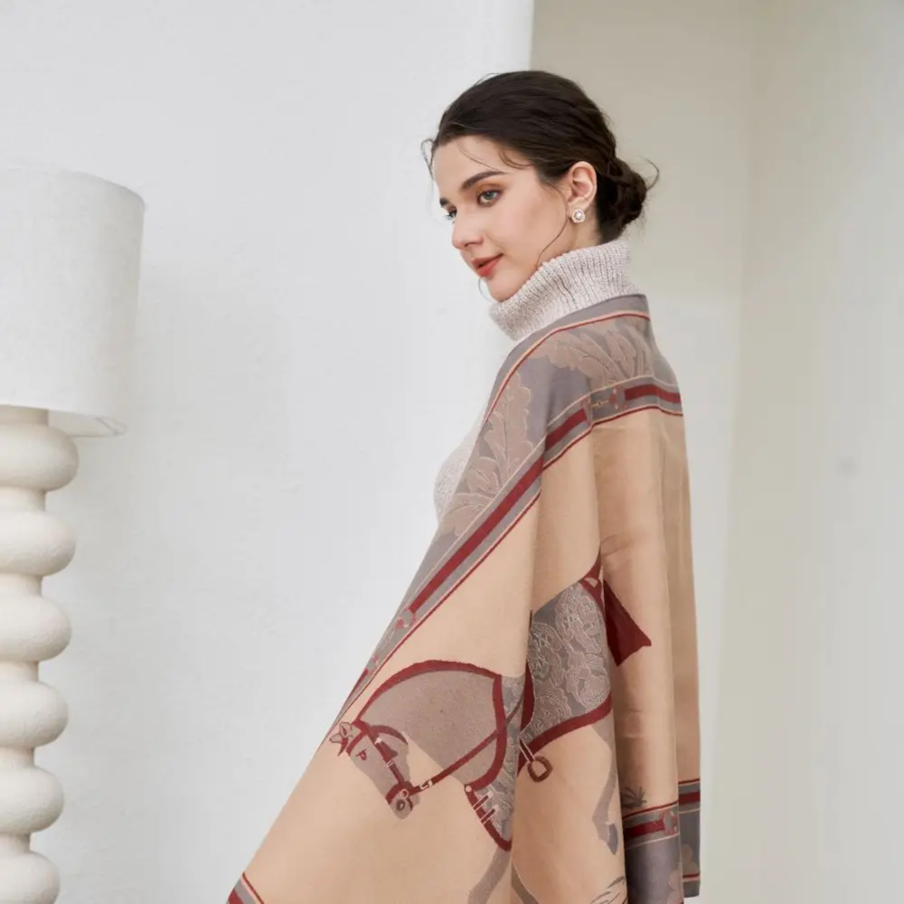 Shawl AWST Intl Baroque Horses Tan - 4