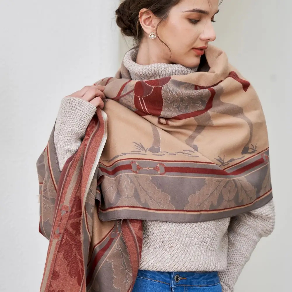 Shawl AWST Intl Baroque Horses Tan - 2