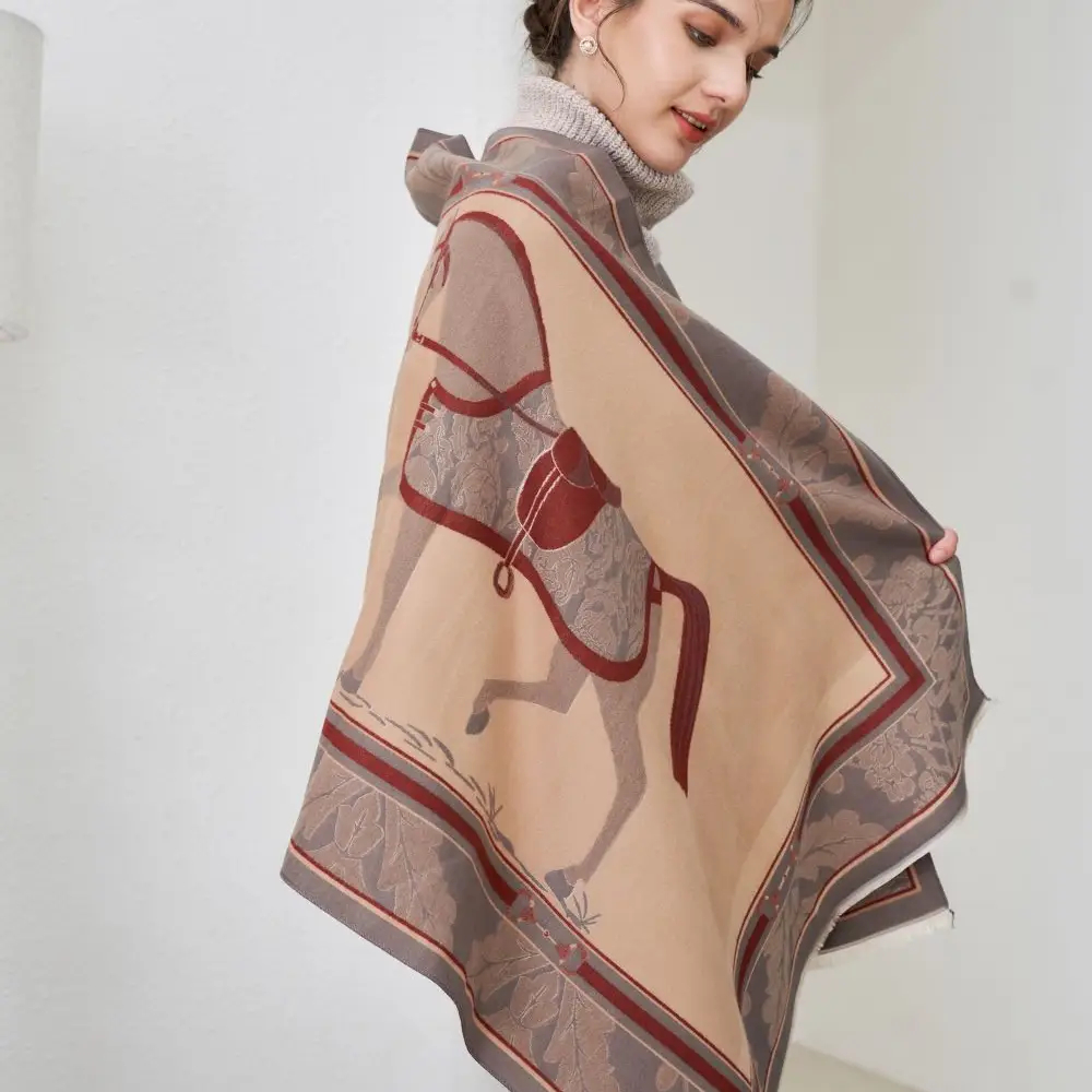 Shawl AWST Intl Baroque Horses Tan - 3
