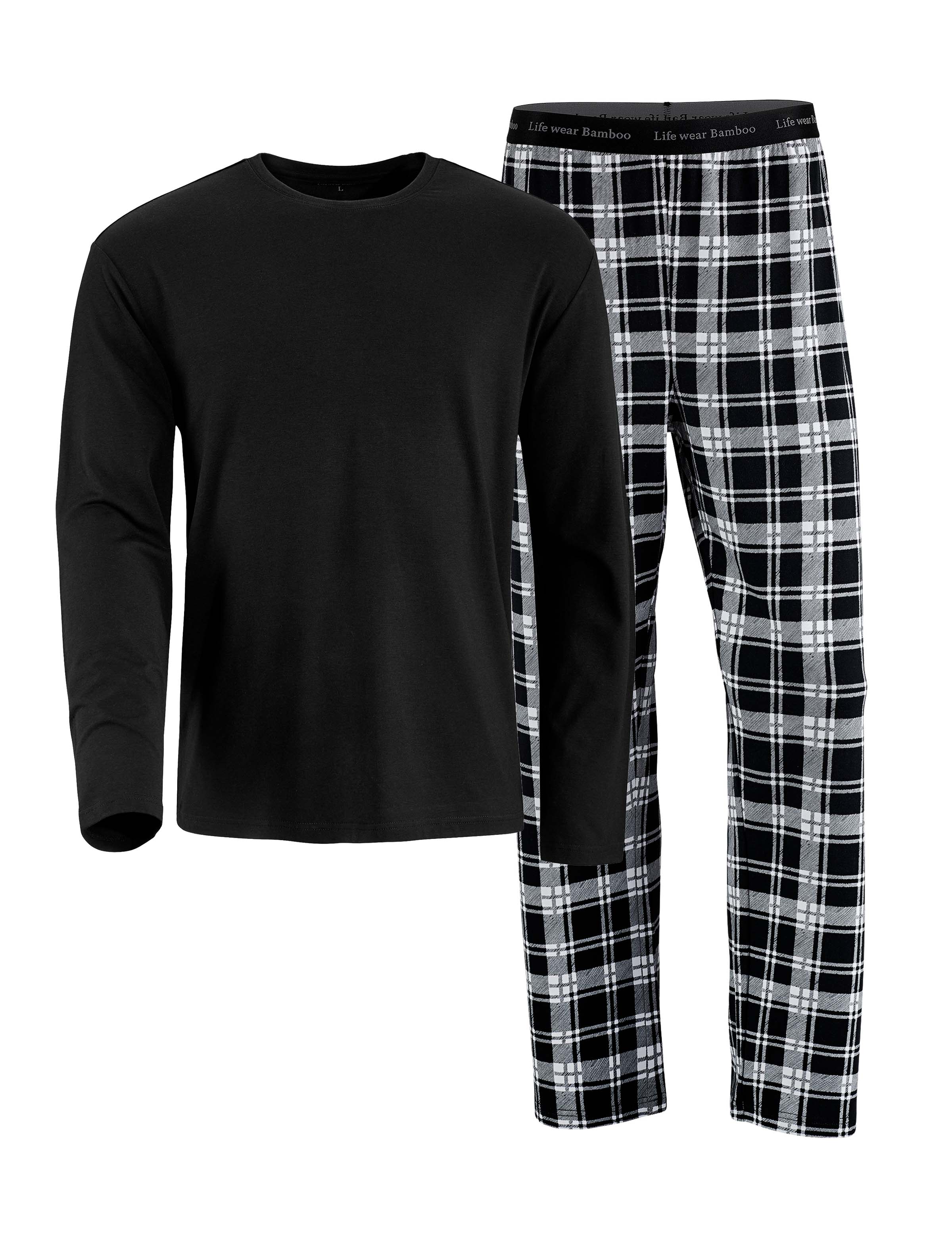 Rutiga pyjamasbyxor och svart tröja i bambu - herr