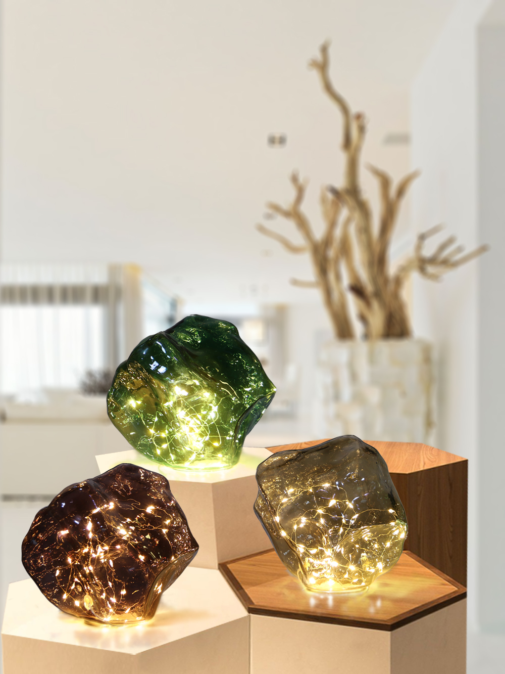 Sten i grönt glas LED- belysning och timer