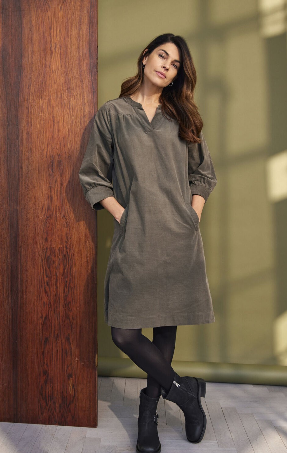 3/4 Sleeve Dress - Khaki -  Signature