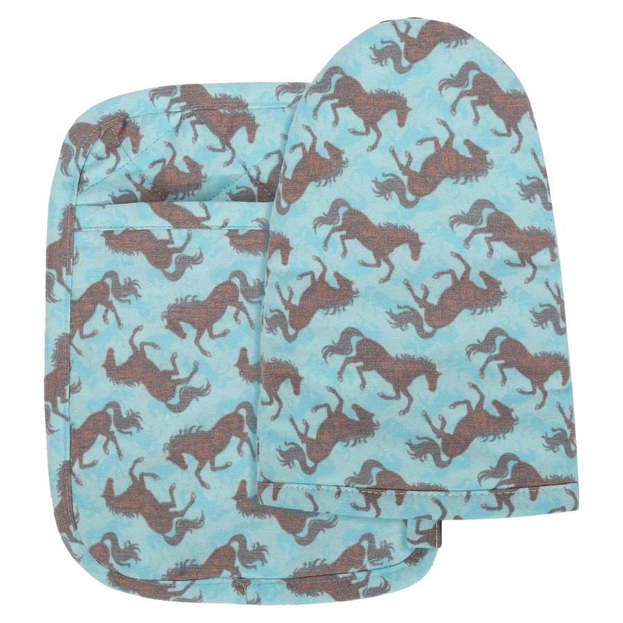 Kitchen Set AWST Intl Oven Mitt And Pot Holder Horse Motif Bay Horse Turquoise