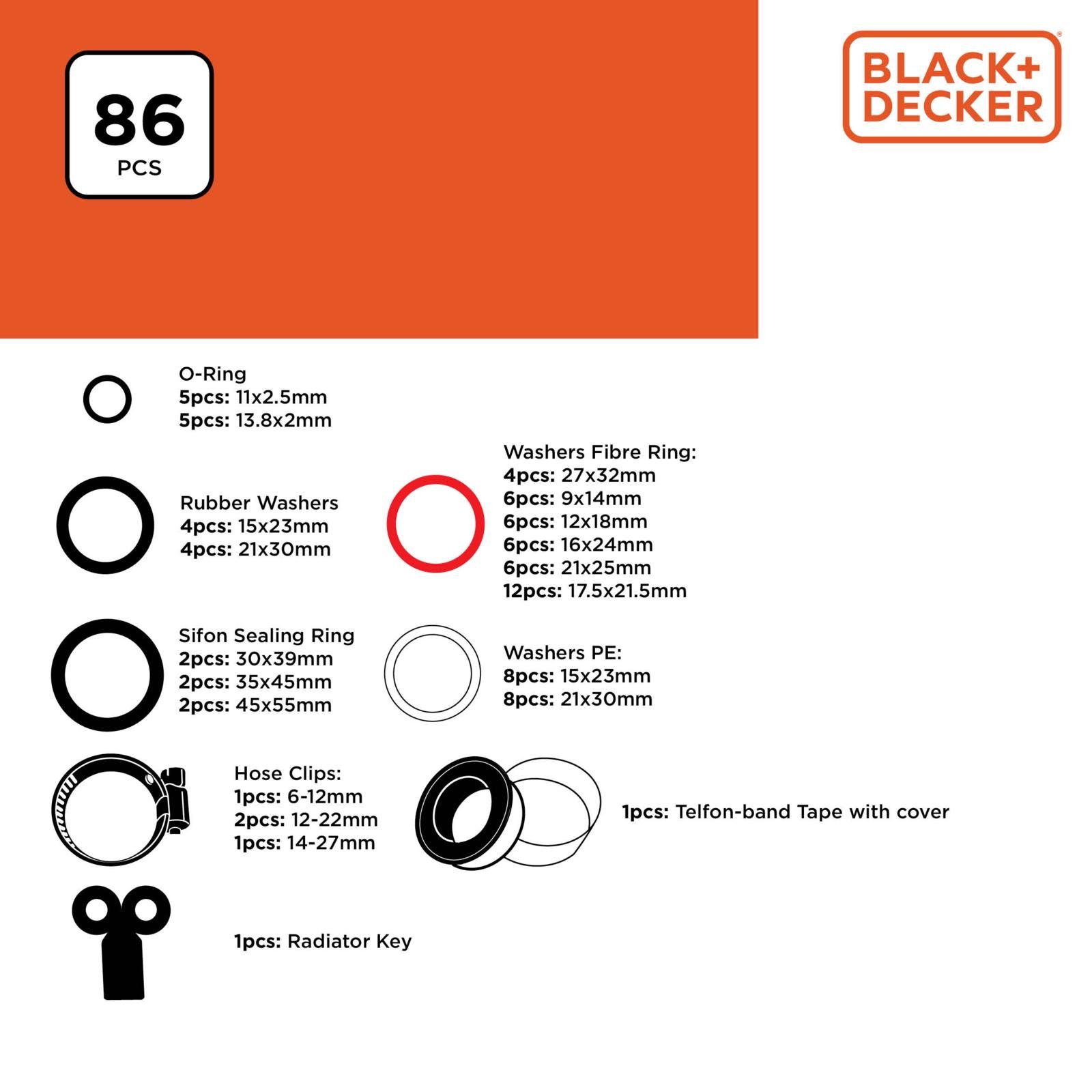 Set med packningar, brickor och klämmor Black & Decker 86 Delar - 2