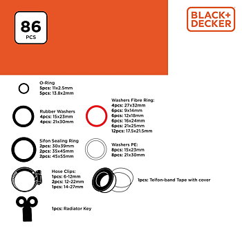 Set med packningar, brickor och klämmor Black & Decker 86 Delar