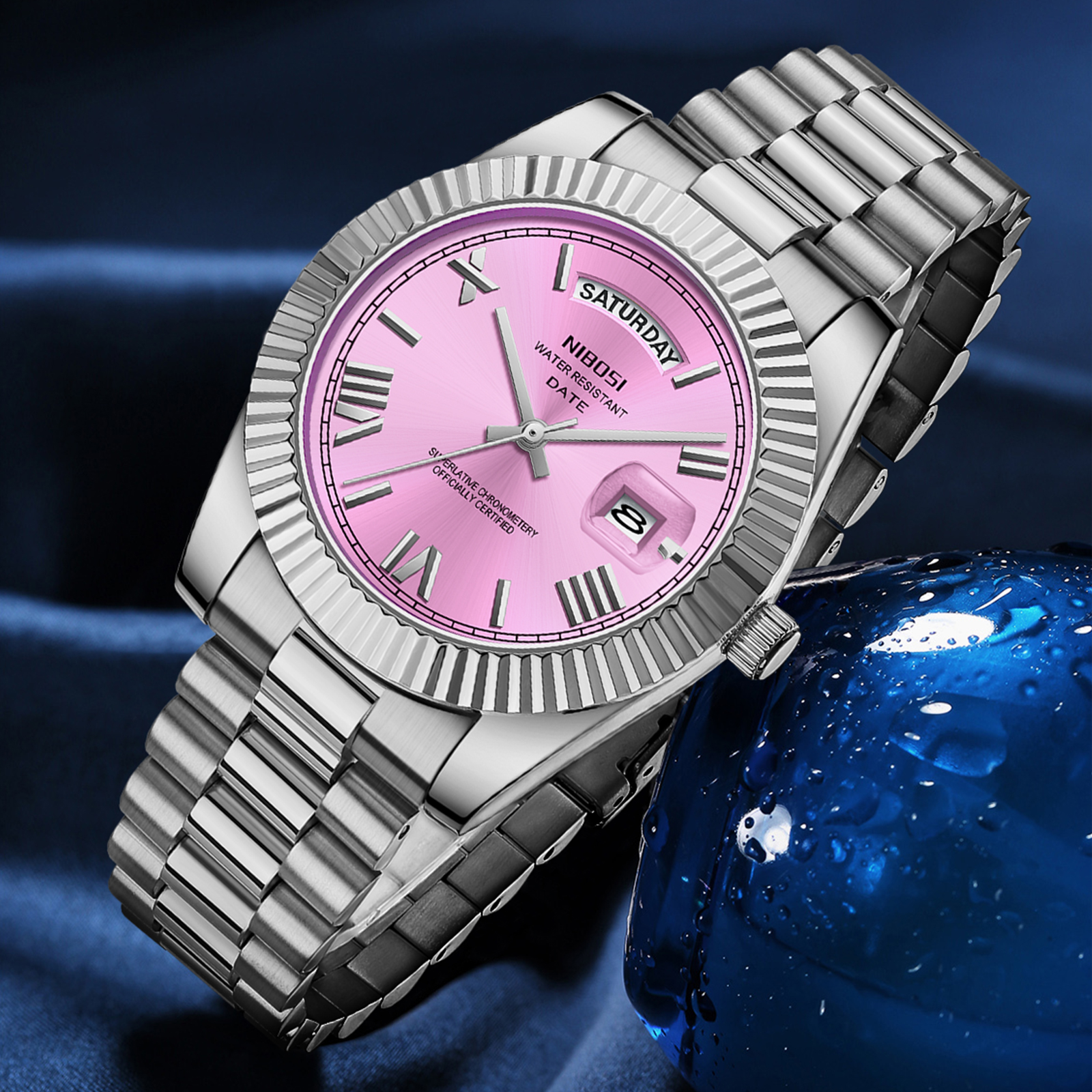 Nibosi Day-Date Roman Silver Pink