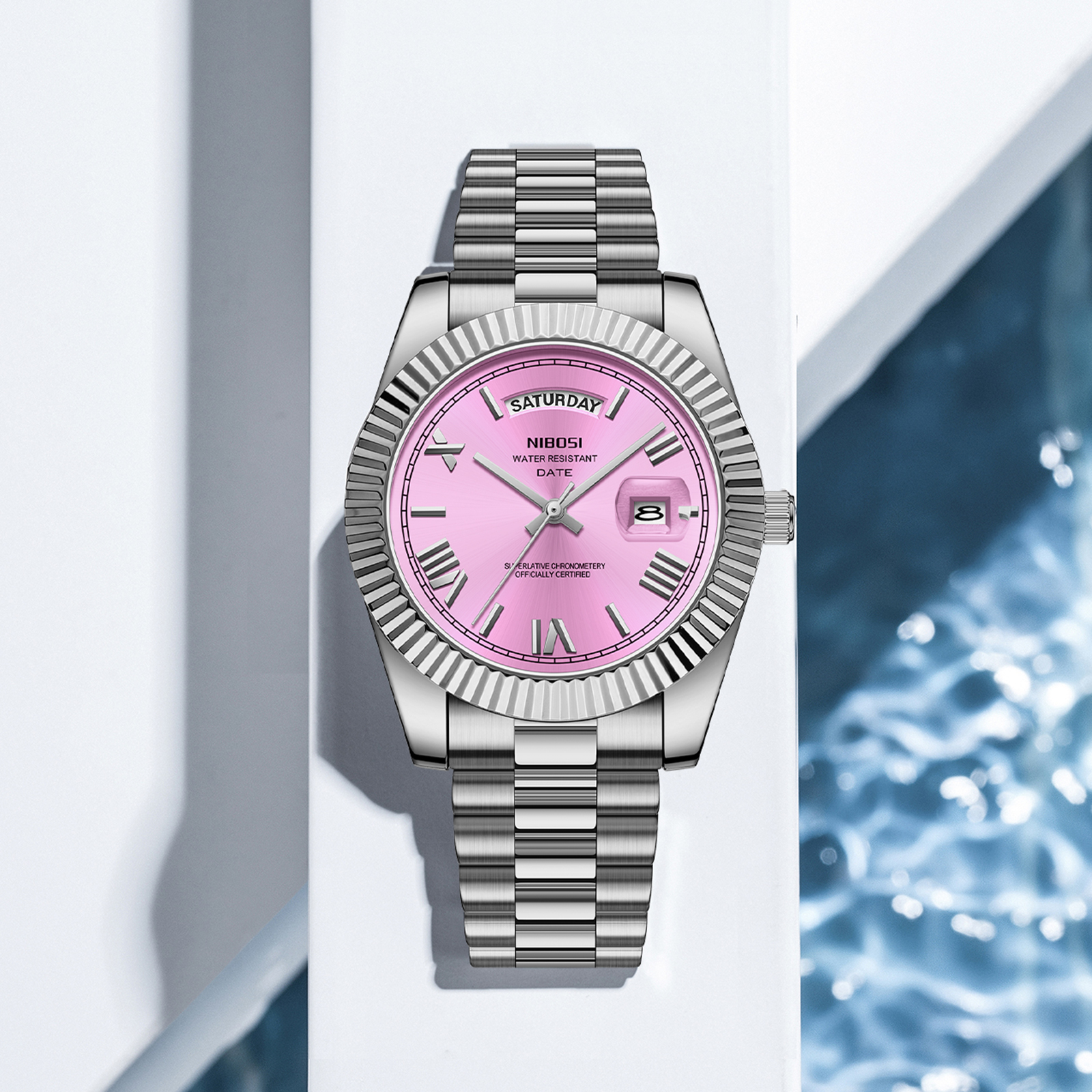 Nibosi Day-Date Roman Silver Pink
