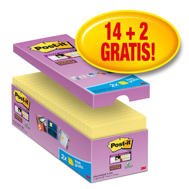 Post-it® Super Sticky 76x76mm gul 16/fp