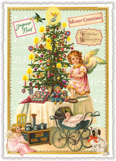 Angel and Stroler by the Christmas Tree Christmas, Postcard