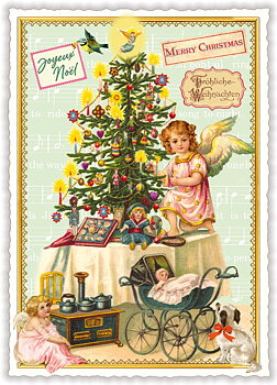 Angel and Stroler by the Christmas Tree Christmas, Postcard