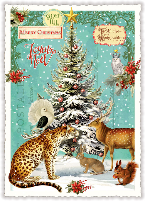 Forest Animals by Snowy Tree Christmas, Postcard