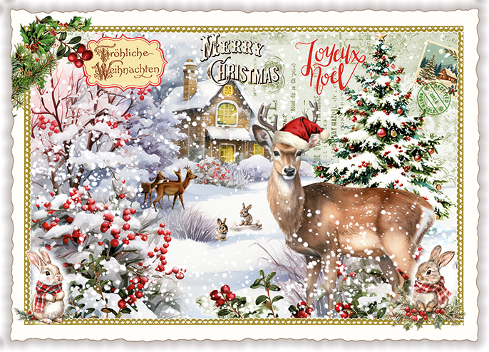 Deer in Snowy Garden Christmas, Postcard