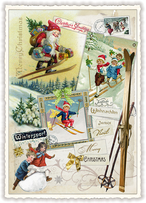 Skiing Collage Christmas Postcard