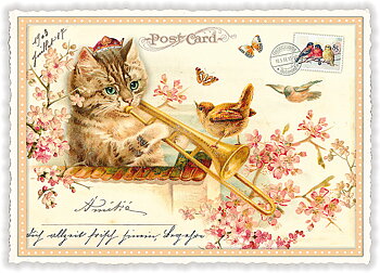 Cat with trombone, Postcard