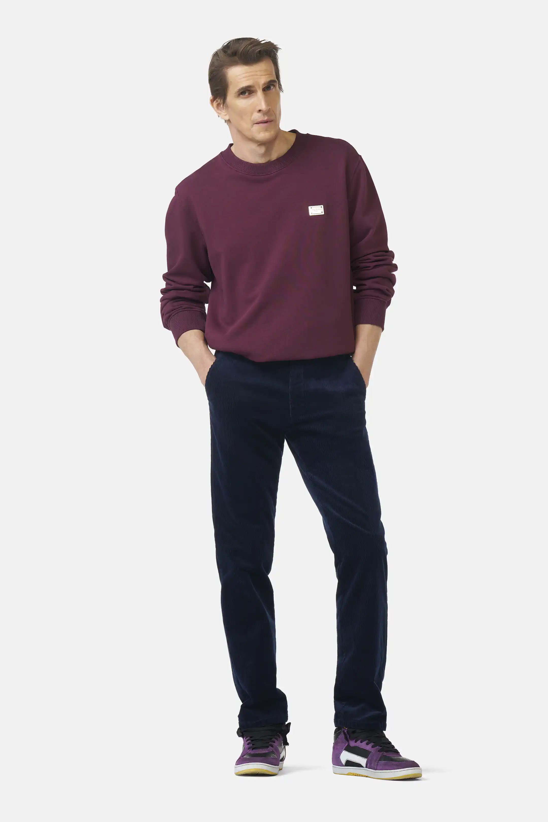Blå (navy) chinos i exklusiv bredspårig manchester (Cord) och modern passform (Meyer / Bonn) - 3