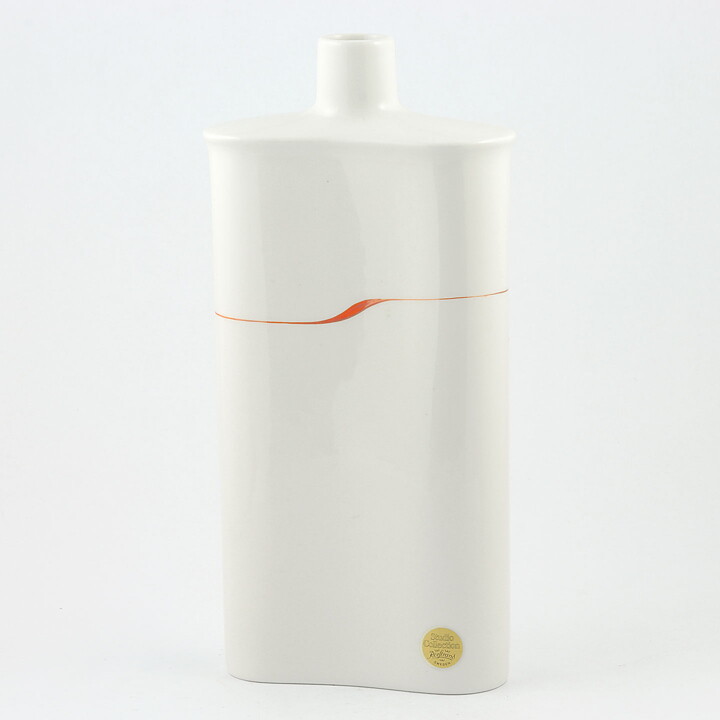 Inger Persson (1980s) White Bottle Vase with Red Linear Decor 28 cm