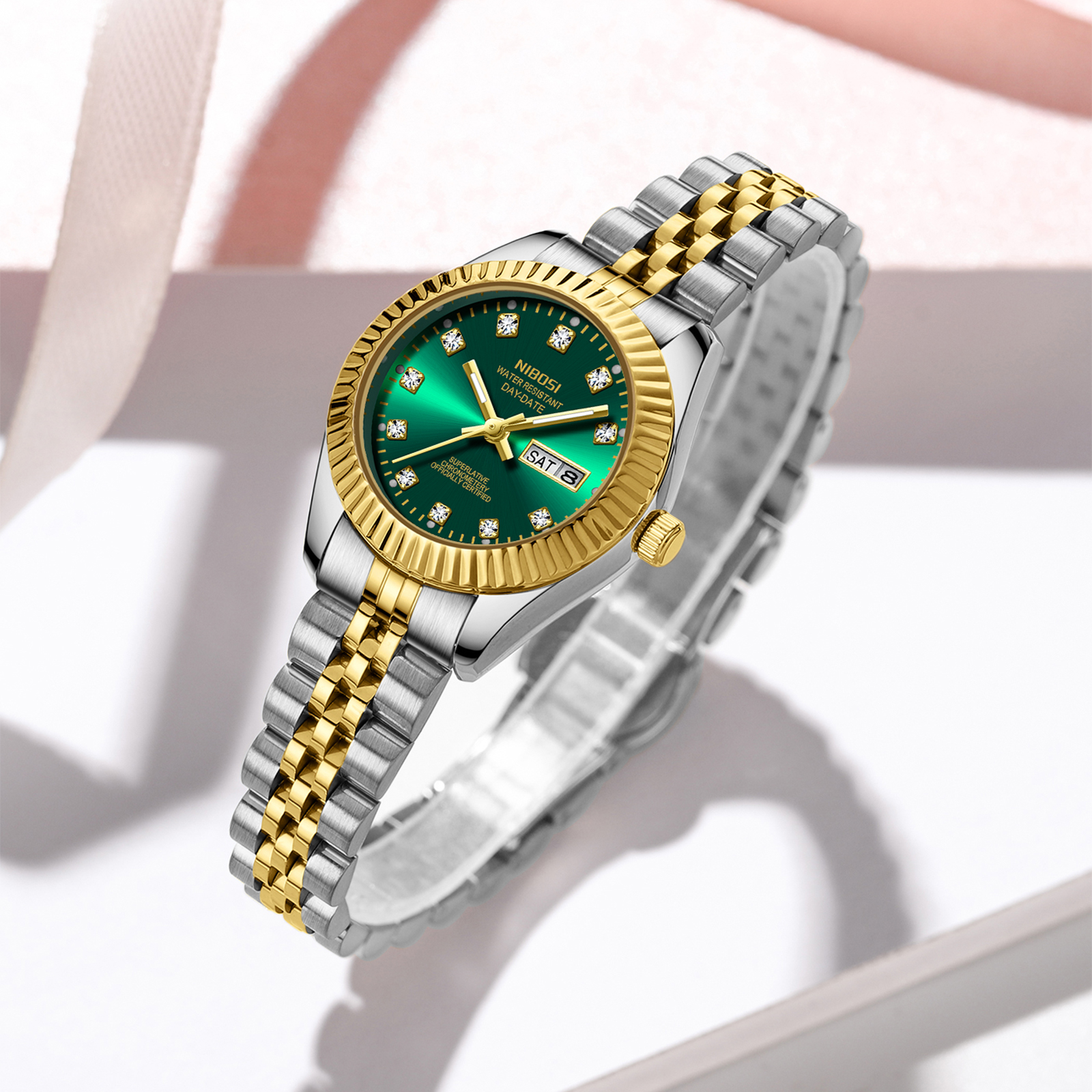 Nibosi Millbury Day-Date Silver Gold Green - 9