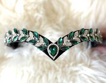 Browband "LEAF" Green/Crystal. ECO LEATHER. 