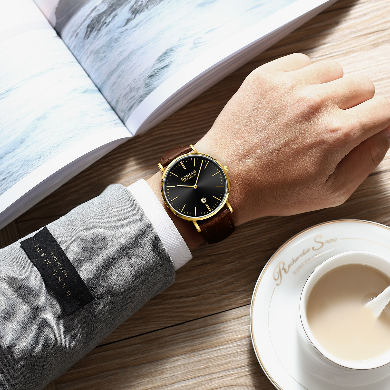 Kompass Nautilus Gold Black Dial Brown Strap - 8