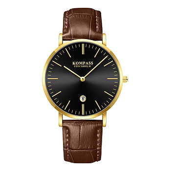Kompass Nautilus Gold Black Dial Brown Strap