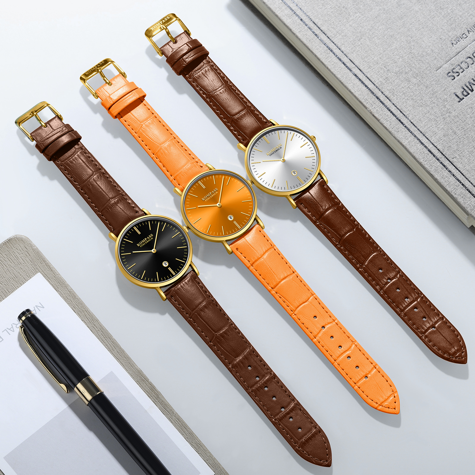 Kompass Nautilus Gold Black Dial Brown Strap - 5