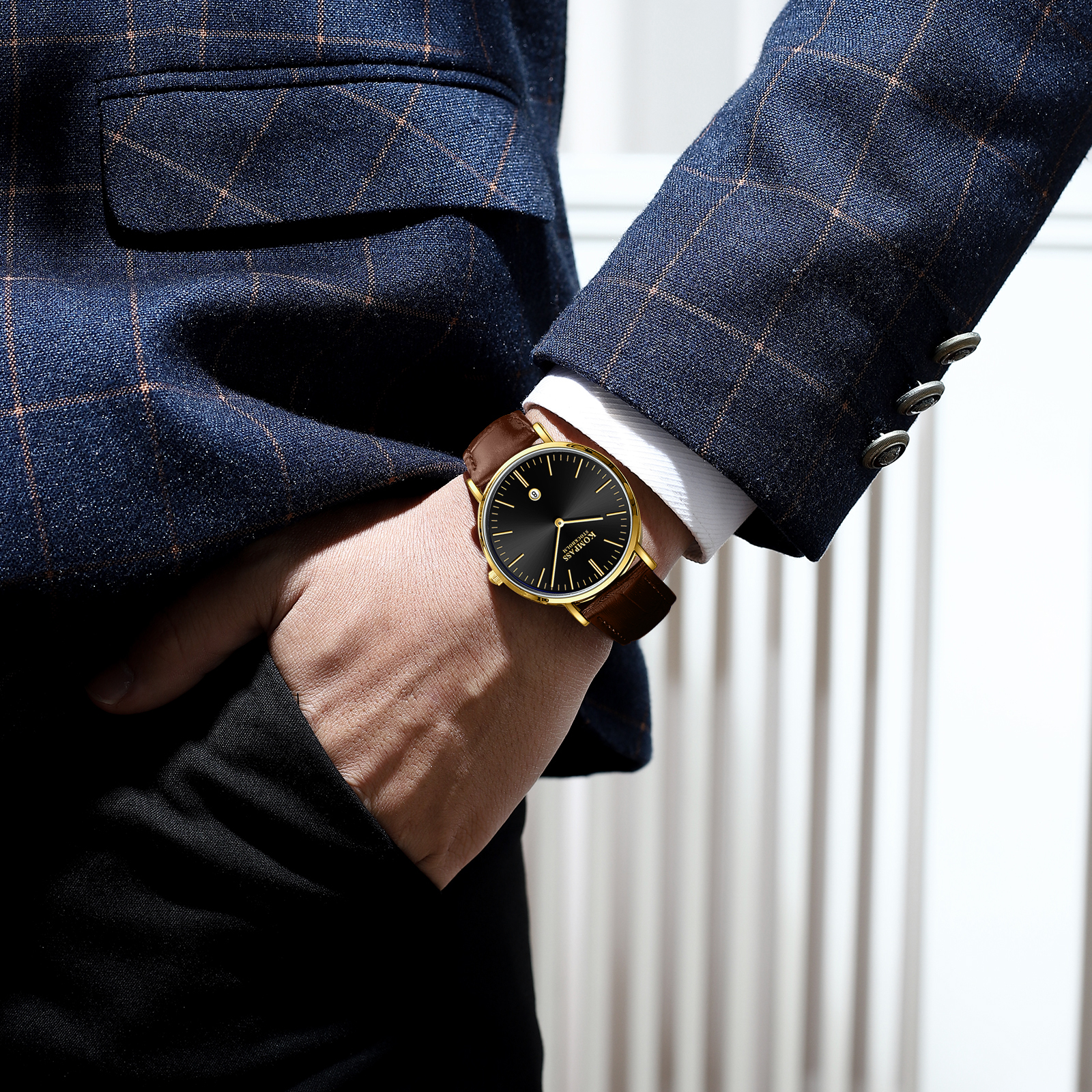 Kompass Nautilus Gold Black Dial Brown Strap - 9