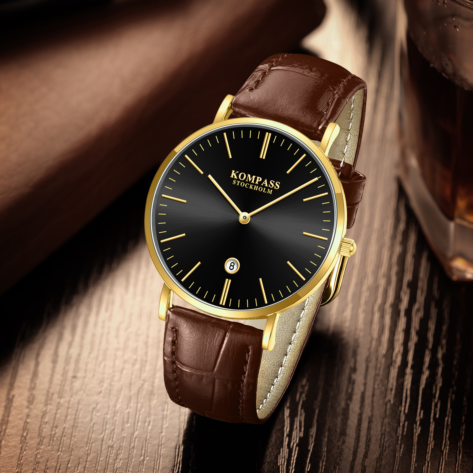 Kompass Nautilus Gold Black Dial Brown Strap - 10
