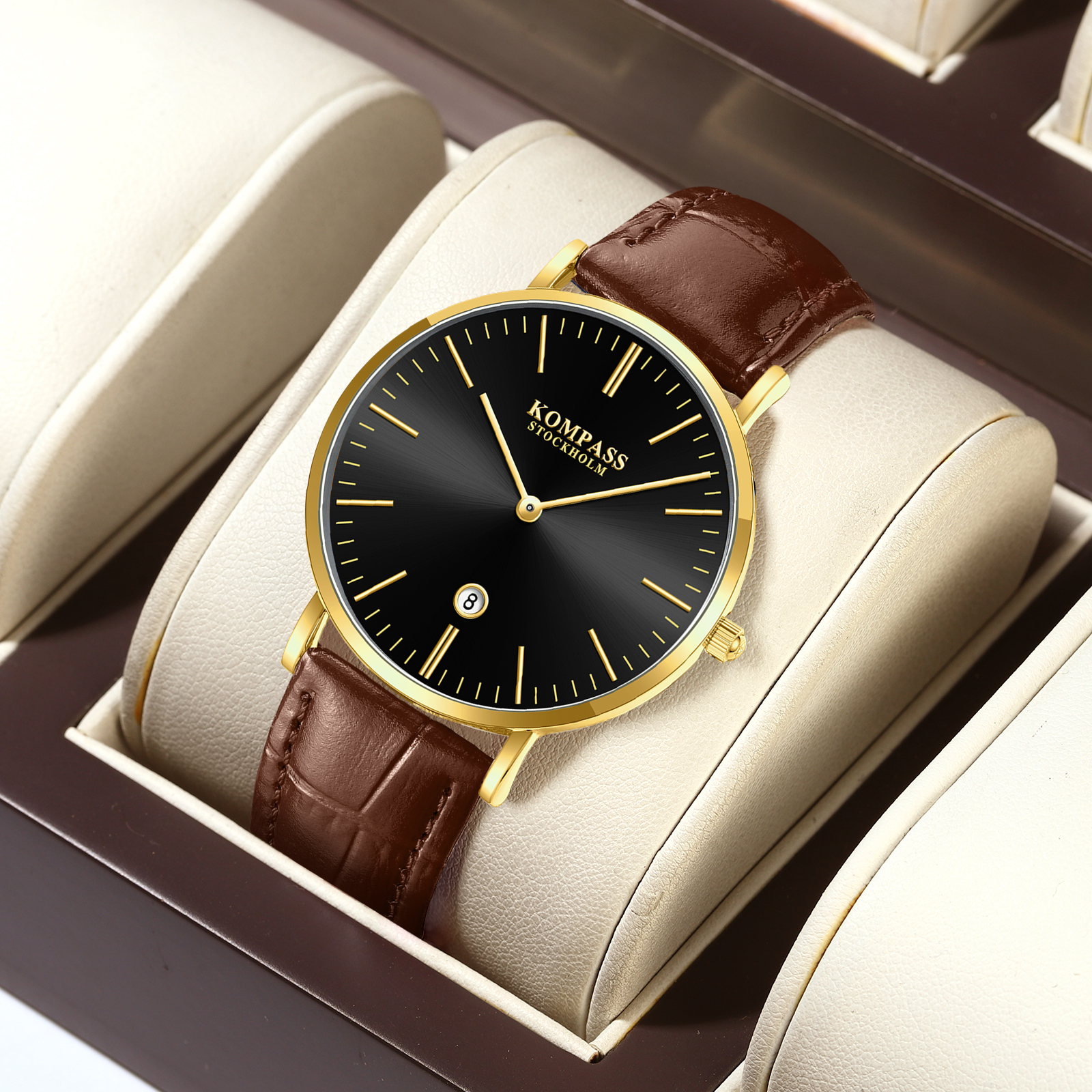 Kompass Nautilus Gold Black Dial Brown Strap - 6