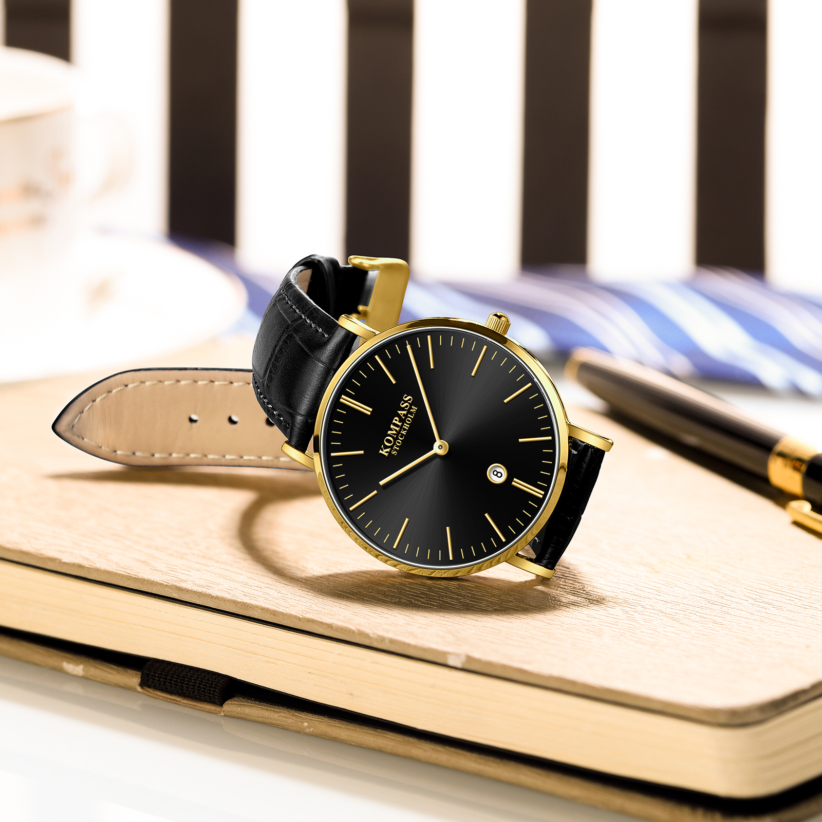 Kompass Nautilus Gold Black Dial Black Strap - 7