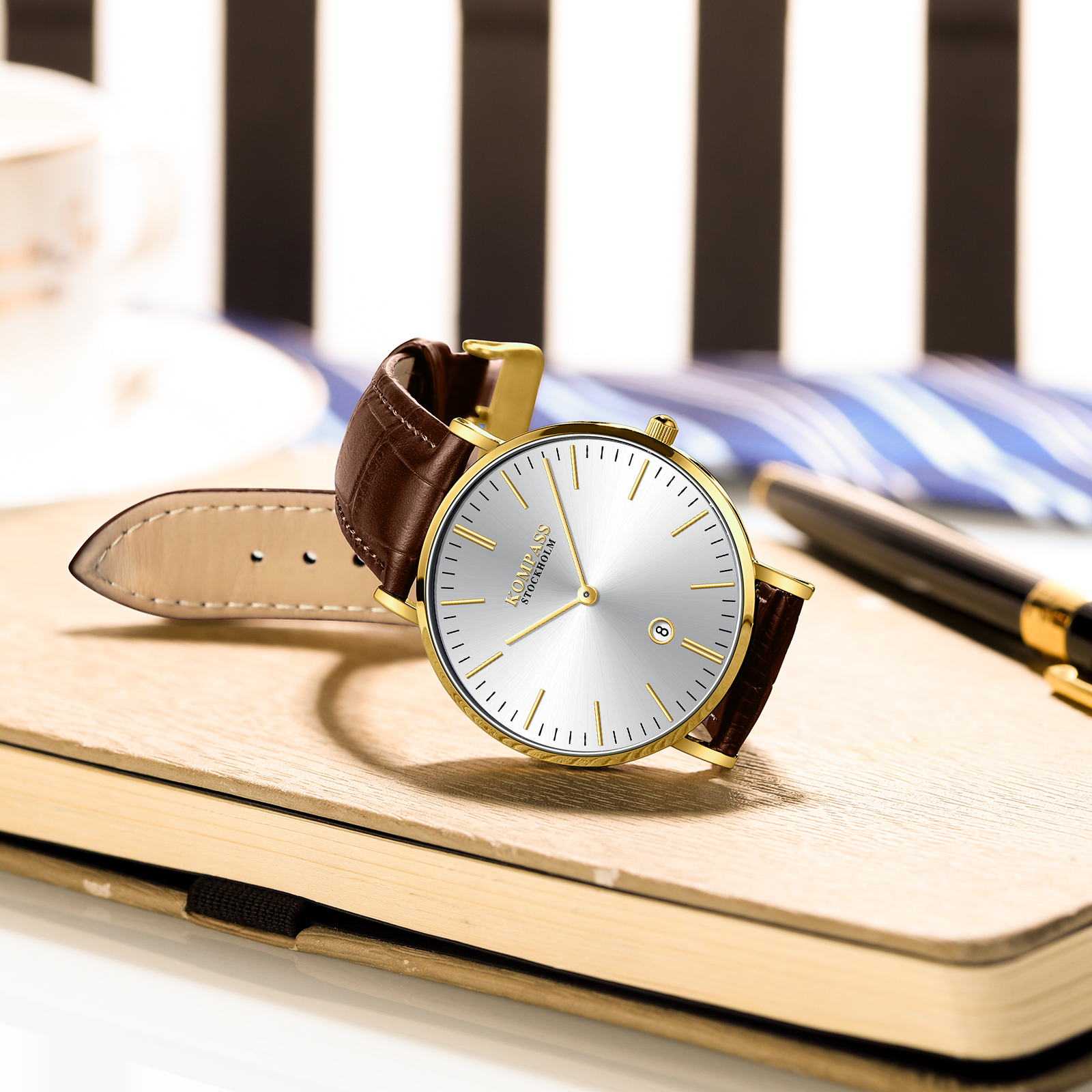 Kompass Nautilus Gold Silver Dial Brown Strap - 7