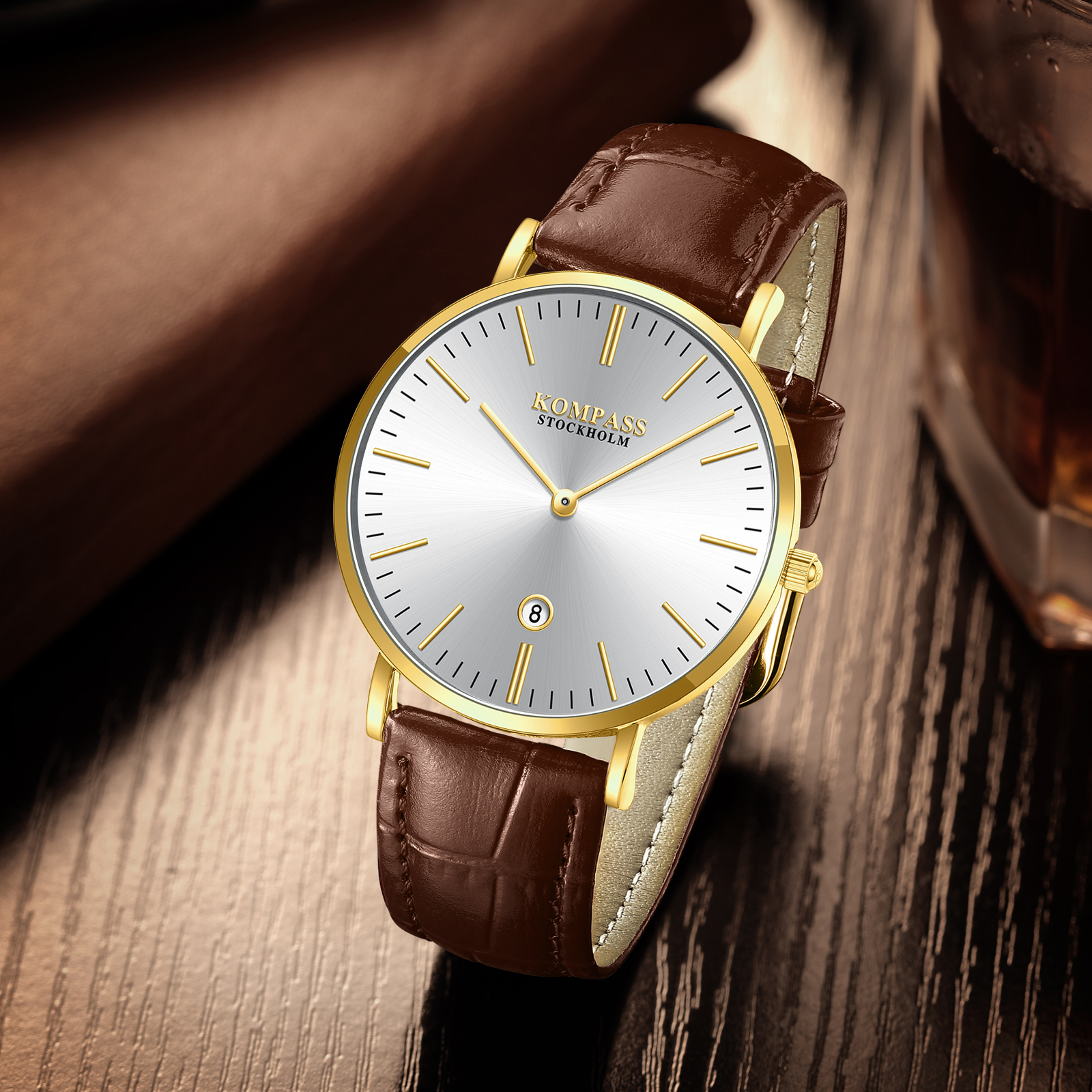 Kompass Nautilus Gold Silver Dial Brown Strap - 10