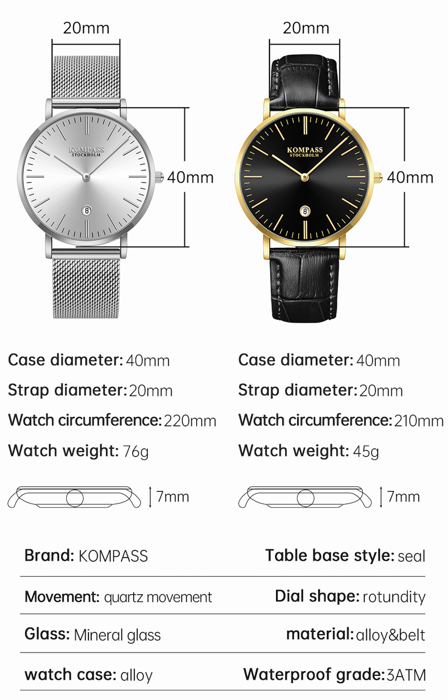 Kompass Nautilus Gold Silver Dial Black Strap - 13