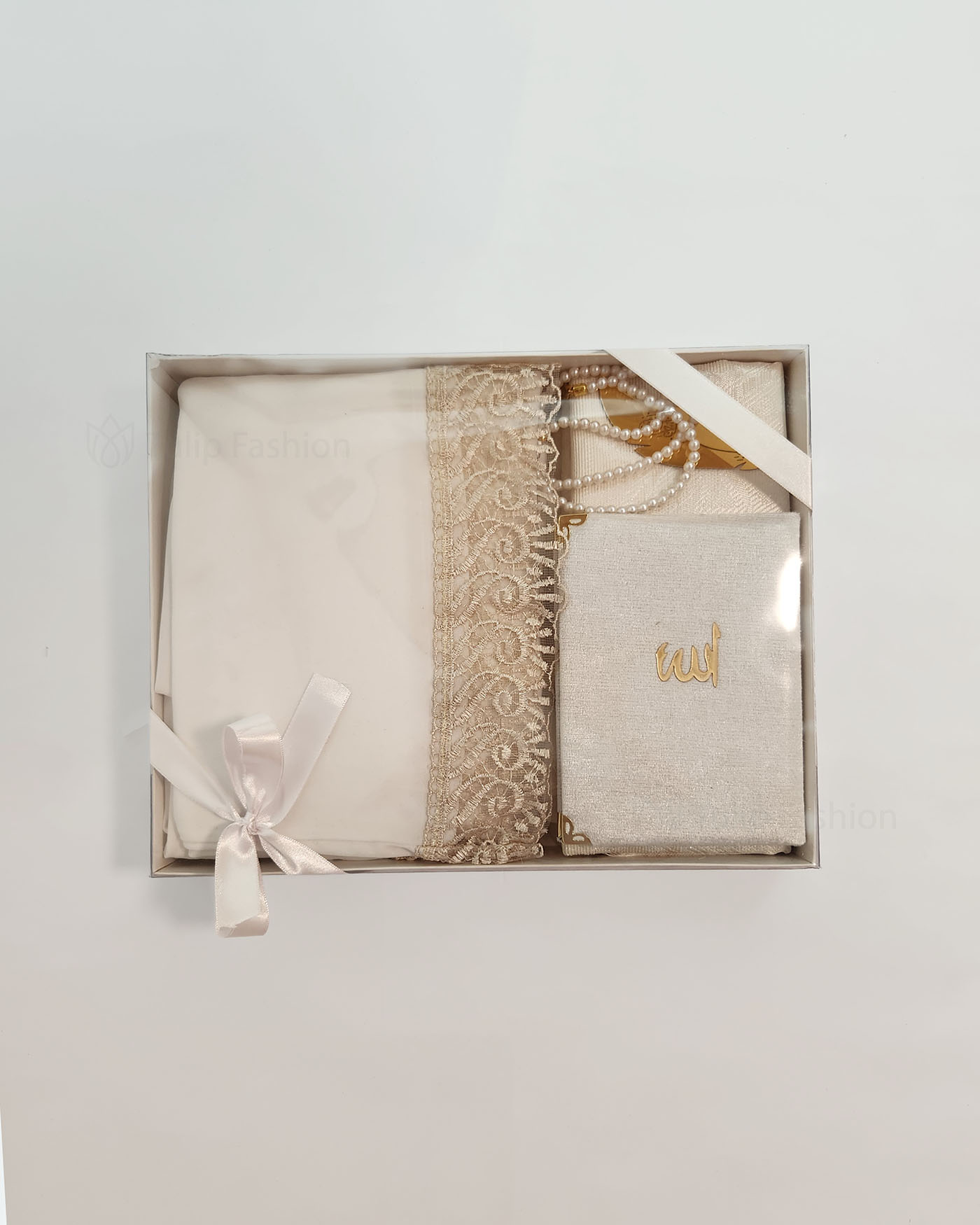 Gift set with prayer rug, rosary Misbaha and Prayer clothes - White