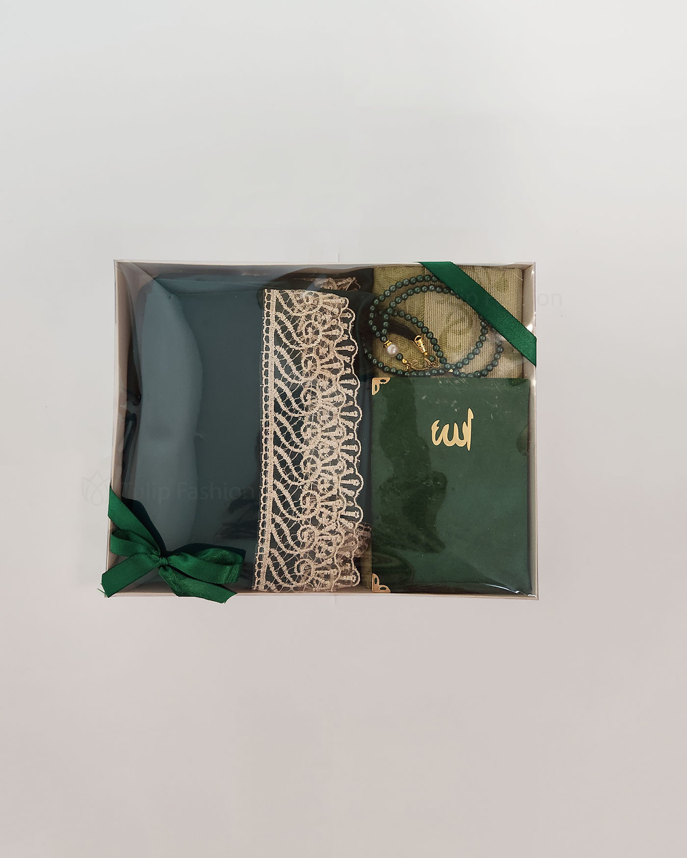 Gift set with prayer rug, rosary Misbaha and Prayer clothes - Green